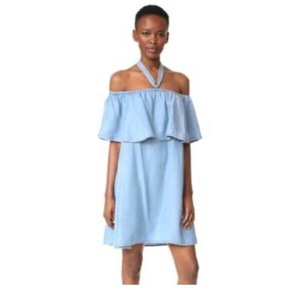 Rebecca Minkoff Chambray Dress Women 8 Off Shoulder Mini Ruffle Boho Coastal - Picture 1 of 15